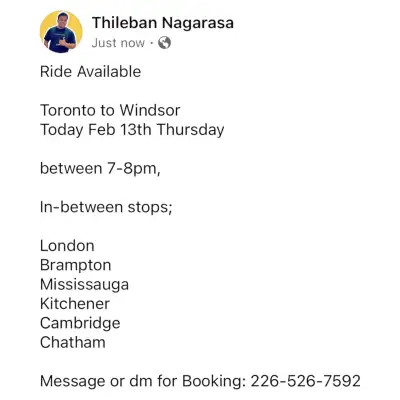 Ride Available Toronto to Windsor Today Feb 13th Thursday between 7-8pm, In-between stops; London Br...