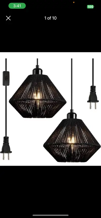 2 Pack Woven Plug in Pendant Light Fixture Black, 9.65’’ Rustic , View more