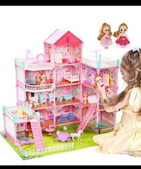 CUTE STONE 11 Rooms Huge Dollhouse with 2 Dolls and Colorful Lig