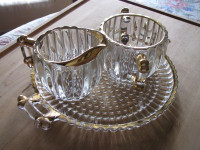 Clear Glass Creamer & Sugar Bowl with Tray & Gold Trim 3PC Set E