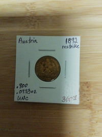 1892 Austria restrike 10fr .900 .0933oz UNC coin