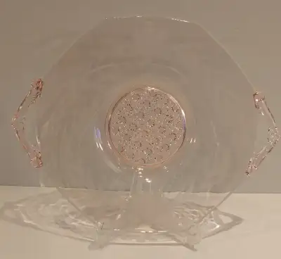 Octagonal shape, etched cornflower pattern, delicate handles 9 inches at handles by approx 7.25 inch...