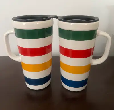 NEW!! Rare Collectable!! HBC Hudson's Bay Company Tall Mugs with Iconic Multi Stripes Ceramic Coffee...
