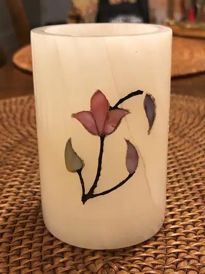 MCM Onyx Candle Holder With Floral Stone Inlay 3 3/4”h x 2 1/2”diameter Pick Up Cabbagetown Toronto...