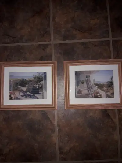 Two Wooden Glass Framed Pictures Each frame measures 12" x 10" Hangers on back of each Frames and gl...