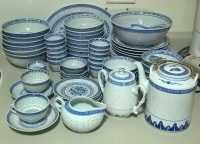 Chinese 84 Piece Vintage Rice Grain Pattern Dishes White & Blue