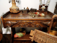 1800s GOTHIC antique desk ¼ SEWN OAK deep carvings PAW FEET larg