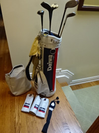 Daiwa Leather Golf bag, 6 Clubs, tees, balls