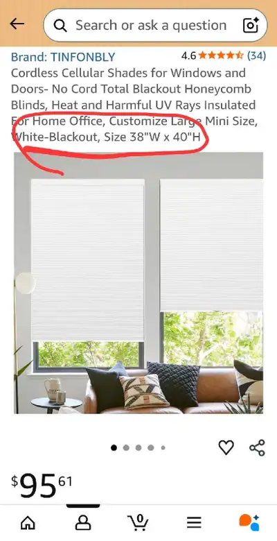 Cellular shade, blind (38"W x 40"H), View more