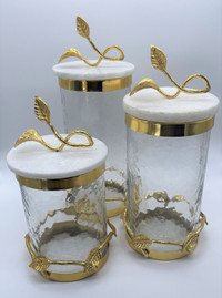Glass Canister with White and Gold Marble Lid Set Of 3