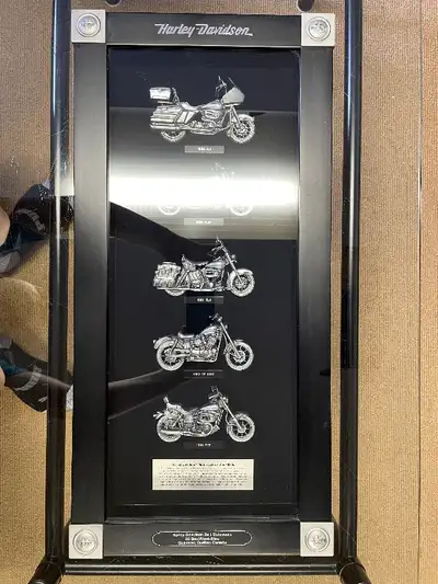 For sale, Harley Davidson motorcycles of the 1980s framed shadow box dealership display. It’s in an...