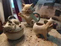 Vintage 3D Pottery Cat Teapot/Creamer/Sugar and 2 Mugs Set Brown