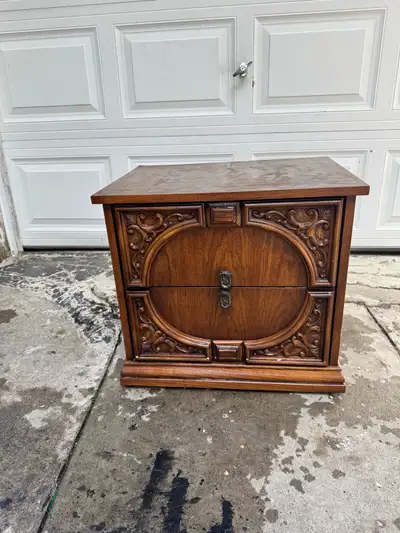 Vintage Ornate Carved Wood Nightstand / End Table, 2 Drawers, View more