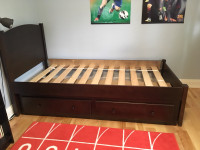 Solid wood twin bed with storage unit