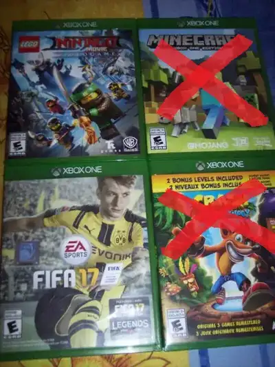 Jeux XBox One en très bon état: Ninjago: 40$ Minecraft: VENDU! Fifa 17: 15$ CRASH: VENDU! Disponible...