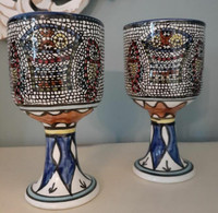 Pair of mosaic inspired ceramic drinking goblets