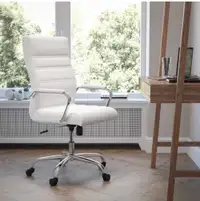 White Leather Executive Swivel Chair with Chrome Base and Arms 