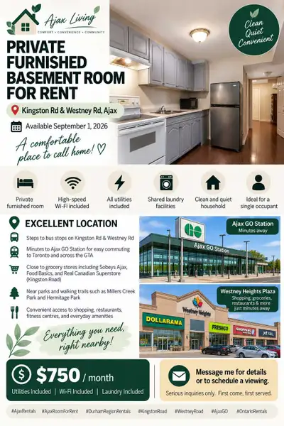 Private room for rent PRIVATE FURNISHED BASEMENT ROOM FOR RENT – AJAX Prime Location: Kingston Rd &...