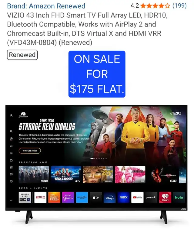VIZIO 43 Inch FHD Smart TV Full Array LED, HDR10, Bluetooth
