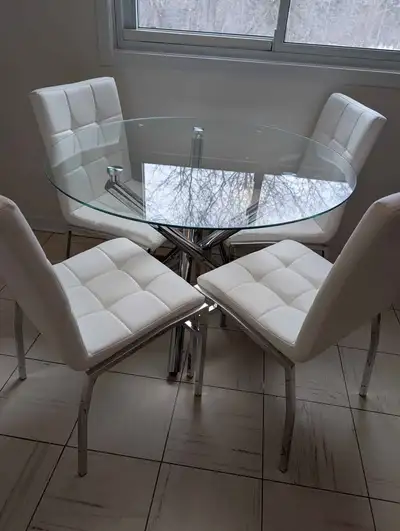 Brand New 5-Piece Round Dining Set – Glass Table & White Chairs, View more