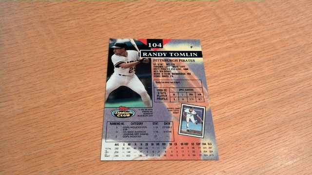 Carte Baseball  Randy Tomlin 104 Topps Stadium 1st Day (4474) dans Art et objets de collection  à Laval/Rive Nord - Image 3