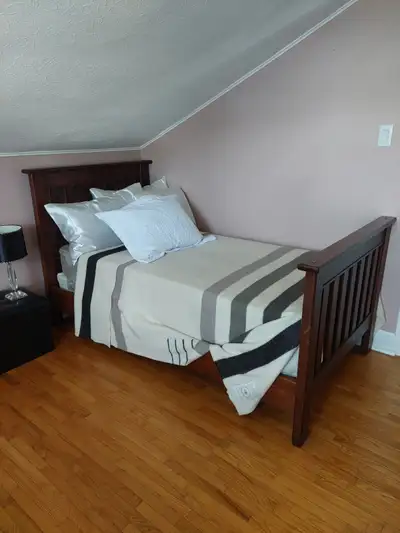 For SaleTwin Bed frame (wood) and box and mattress rarely used, View more