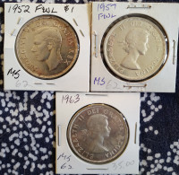 1952, 1957 and 1963 Canada silver dollars