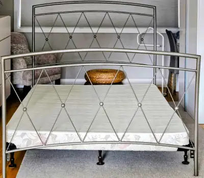 Modern queen size metal bed frame with box spring and bedskirt, View more