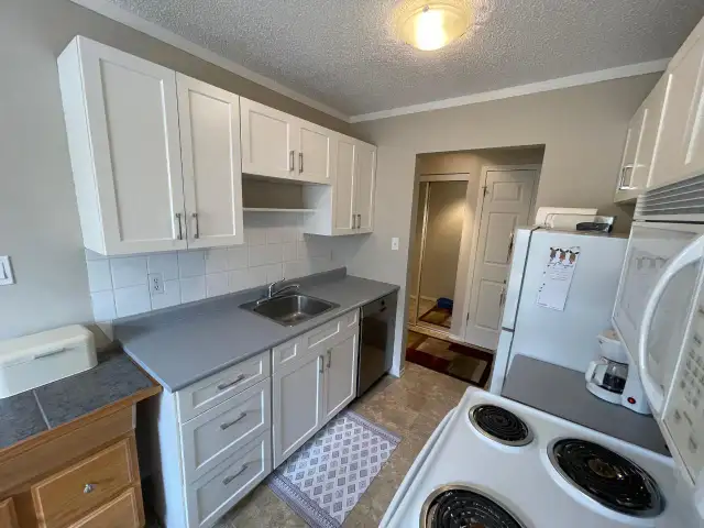 Updated two bedroom, one bathroom, top floor end unit