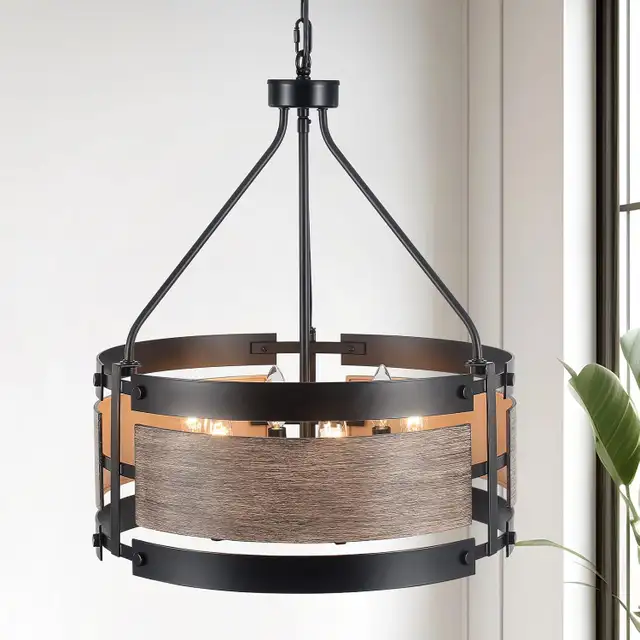 6-Light Drum Chandelier – 19" Farmhouse Pendant with Vintage Woo in Indoor Lighting & Fans in Oshawa / Durham Region - Image 3
