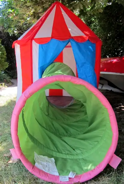 Heavy duty collapsible Busa play tunnel plus collapsible Circustalt children's tent, made with actua...