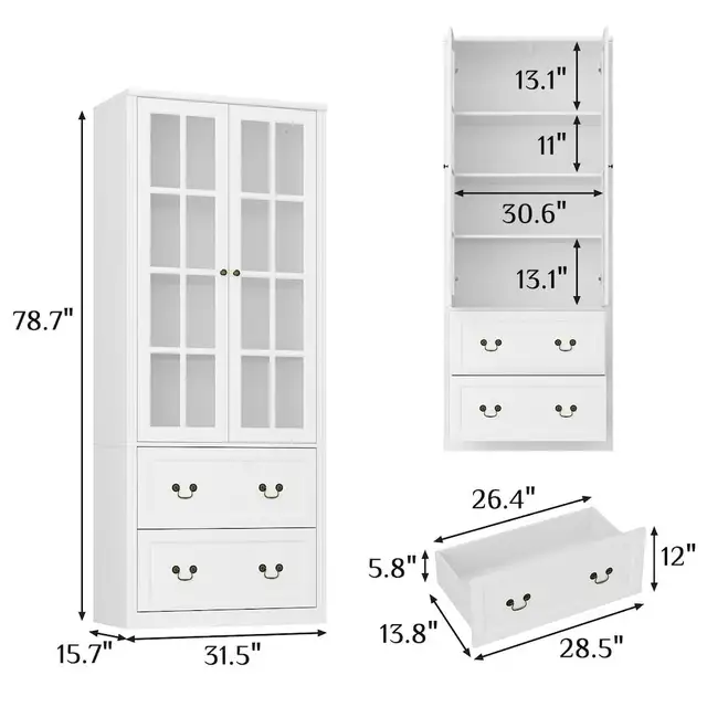 78.7" tall White Wood Pantry Buffet Cabinet with Glass Doors, 2  in Bookcases & Shelving Units in Markham / York Region - Image 10