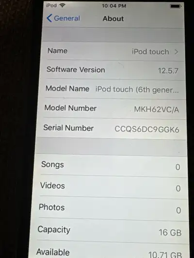 This is a used iPod Touch 6th generation with 16GB of storage, perfect for on-the-go music and apps....