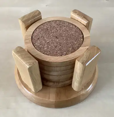 Set of 6 Wood and Cork Coasters with Wood Stand, View more