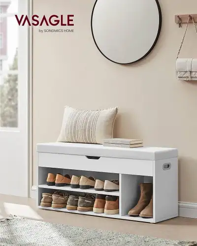 Shoe Bench with Cushion, Storage Bench with Padded Seat, 3 Compartments, Hidden Storage, Shelves, Li...