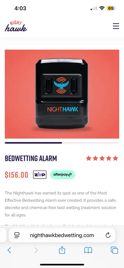 Unused Nighthawk bed wetting alarm (link to website: https://nighthawkbedwetting.com/products/bedwet...