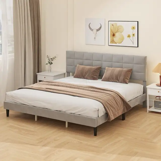 Modern King Size Bed Frame with Upholstered Headboard  in Beds & Mattresses in Markham / York Region - Image 8