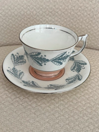 Aynsley Teacup & Saucer. Pattern C1484/3 White with blue leaf.