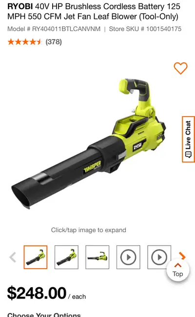 Ryobi leaf blower no battery no charger, View more