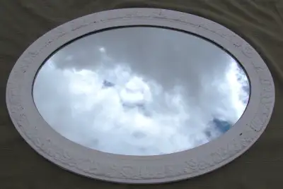 20 x 27.5 Vintage Chipped Ivory Framed Oval Mirror, View more