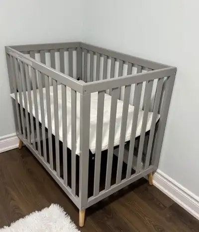 Mini Grey Crib and Mattress- Like New, View more