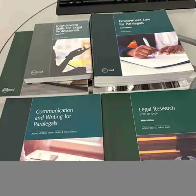 I'm offering a set of paralegal textbooks, including titles covering interviewing skills, employment...