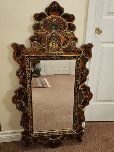LARGE ANTIQUE PERUVIAN REVERSE PAINTING GLASS MIRROR, View more