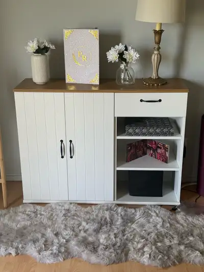 White Storage Cabinet with Wood Top, Doors, and Shelves, View more