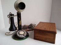REDUCED Antique Candlestick Phone, 1920's, with Oak Ringer Box