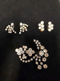 Vintage White Crystal 3 Piece Lot Earings And Brooch