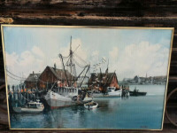 Nantucket fishing dock scene , oil on canvas by Kerry Hallam