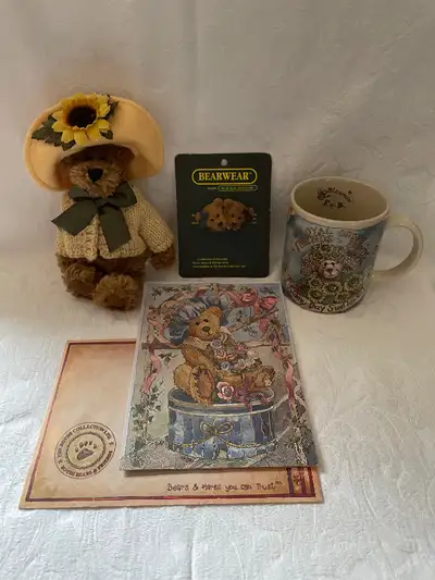 BOYD BEAR COLLECTION 7 1/2” FLORA MAE BEAR BEARWARE PIN SUNNY DAY SUNFLOWERS MUG BIRTHDAY CARD ALL F...