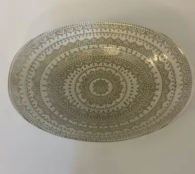 Oval Glass Serving Bowl White and Metallic Silver Patterned, View more