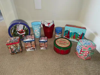 10 Christmas Decorative Gift Storage Tin Can Containers Santa, View more